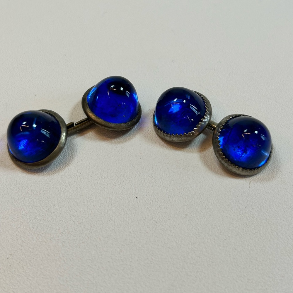 Vintage Two Pairs + Cobalt Blue Glass Chain Link Cufflinks Domed Art Deco - Picture 2 of 8